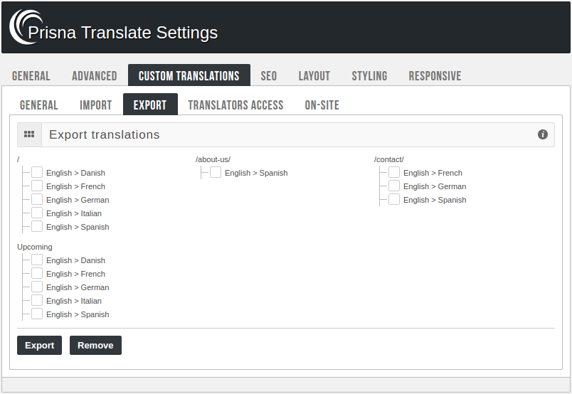 Admin panel - Export translations