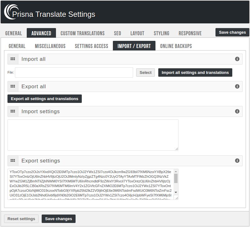 Admin panel - Import / Export settings