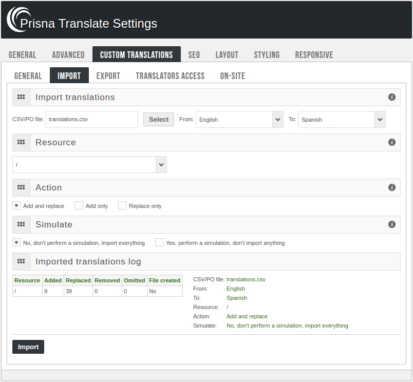 Admin panel - Import translations