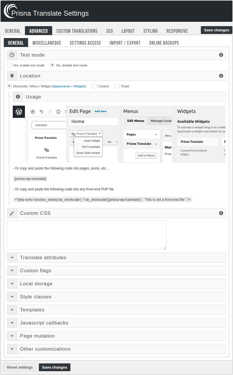 Admin panel - Advanced settings