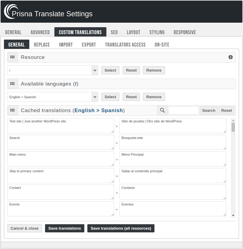 Panel de administración - Traducciones personalizadas