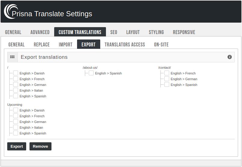 Panel de administración - Exportar traducciones