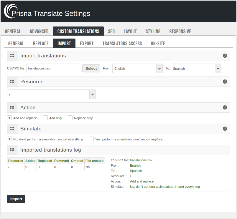 Admin panel - Import translations