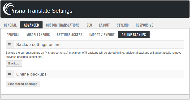 Admin panel - Online backups