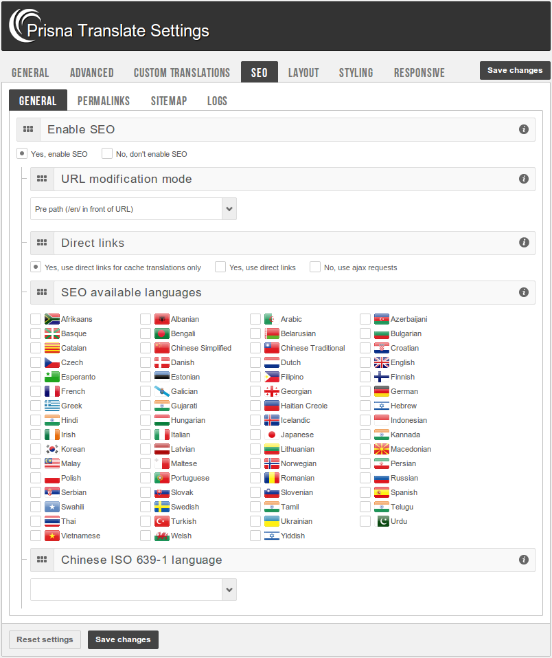 Panel de administración - Motores de búsqueda - SEO